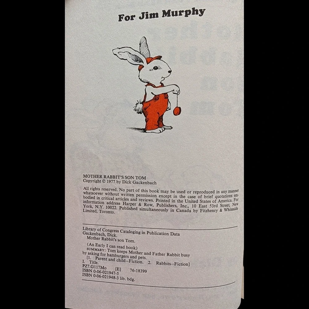 Mother Rabbit's Son Tom Dick Gackenbach 1977 Harper & Row Early I Can Read Book